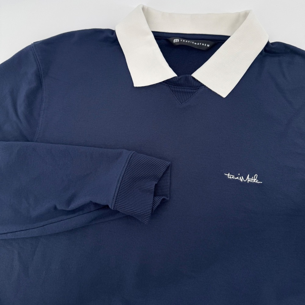 TravisMathew Amenities Collar Crew Sweatshirt Mens Medium Navy Blue Long Sleeve